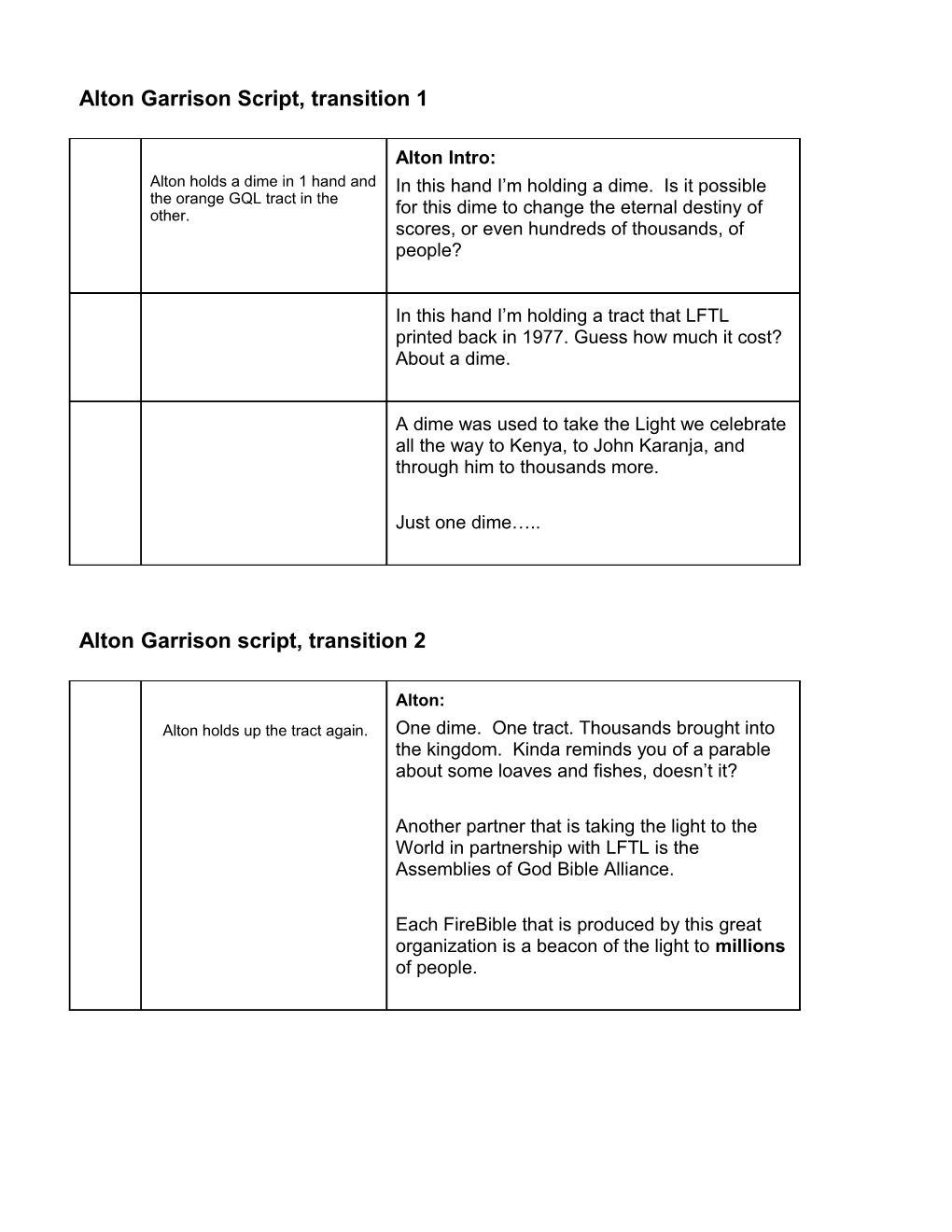 Alton Garrison Script, Transition 1