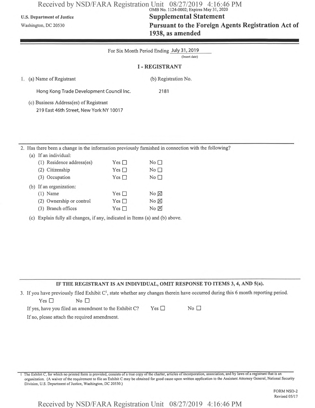 Received by NSD/FARA Registration Unit 08/27/2019 4:16:46 PM OMB No