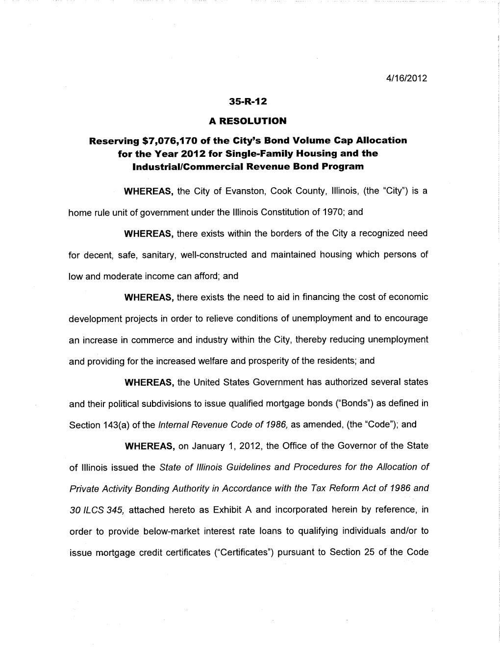 4/16/2012 35-R-12 a RESOLUTION Reserving $7,076,170 of the City's