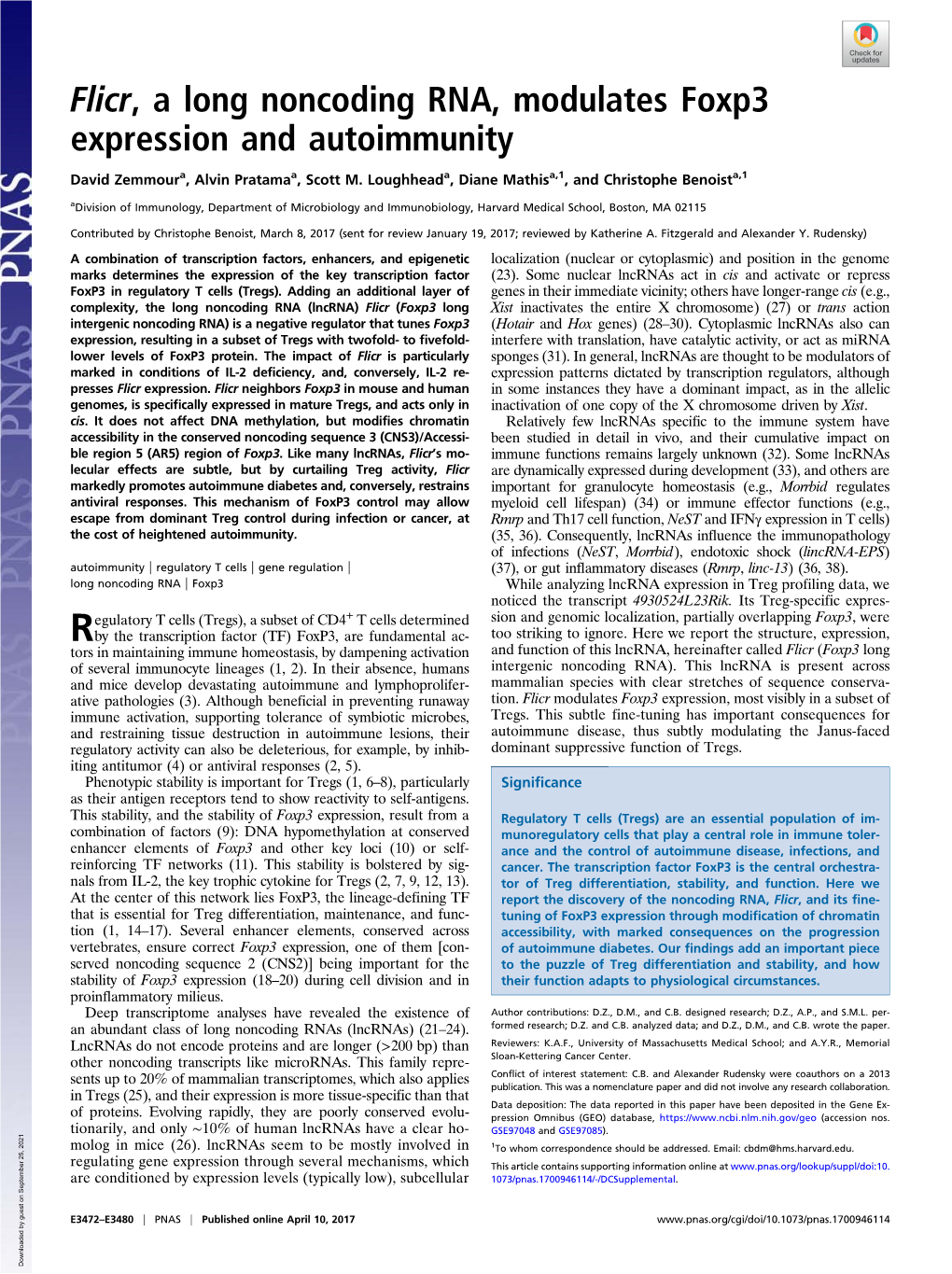 Flicr, a Long Noncoding RNA, Modulates Foxp3 Expression and Autoimmunity