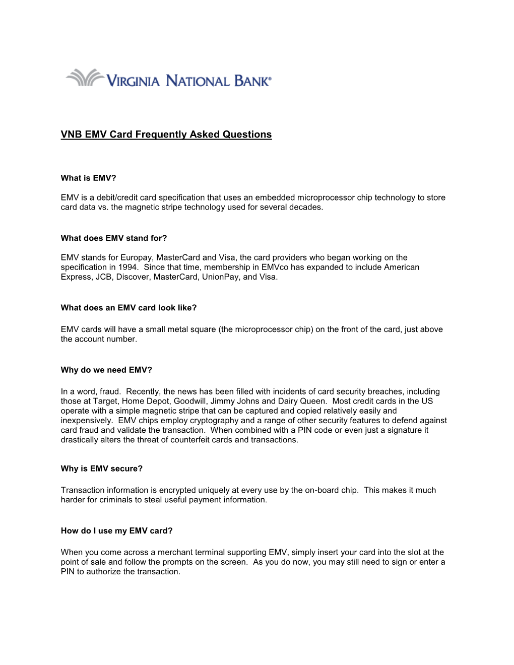 VNB EMV Card Frequently Asked Questions