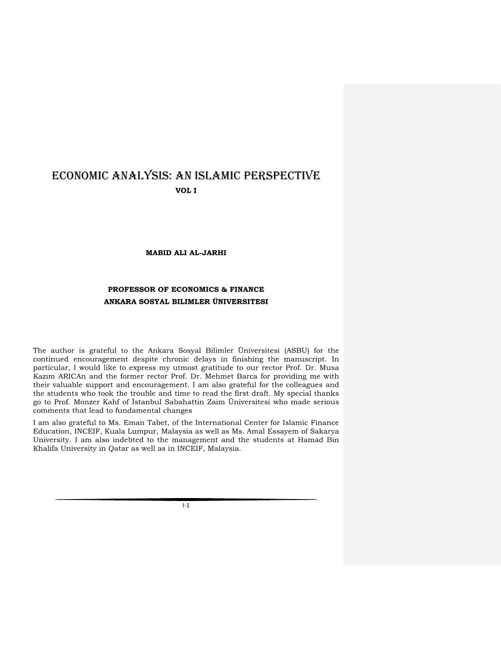 Economic Analysis: an Islamic Perspective Vol I