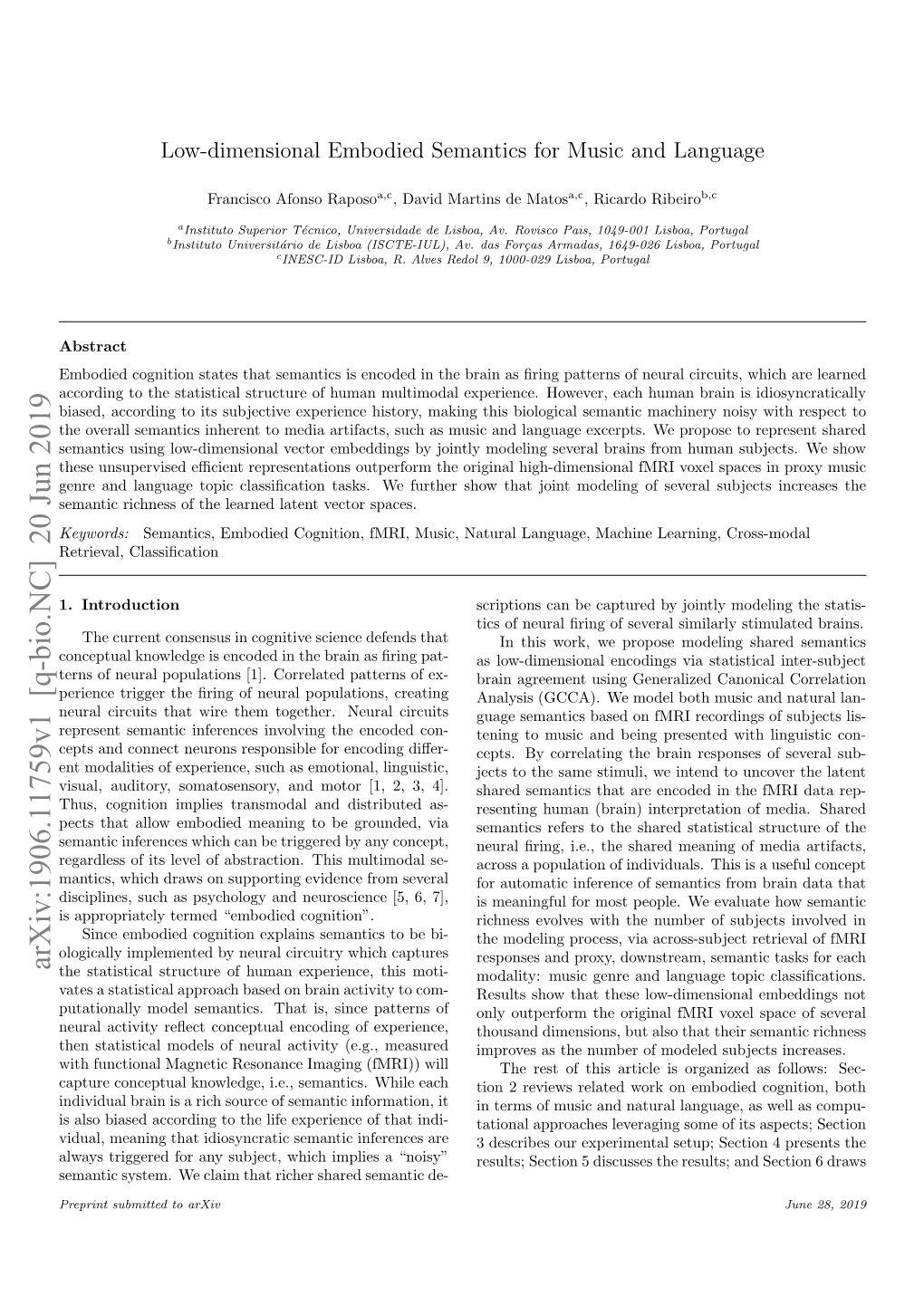 Low-Dimensional Embodied Semantics for Music and Language