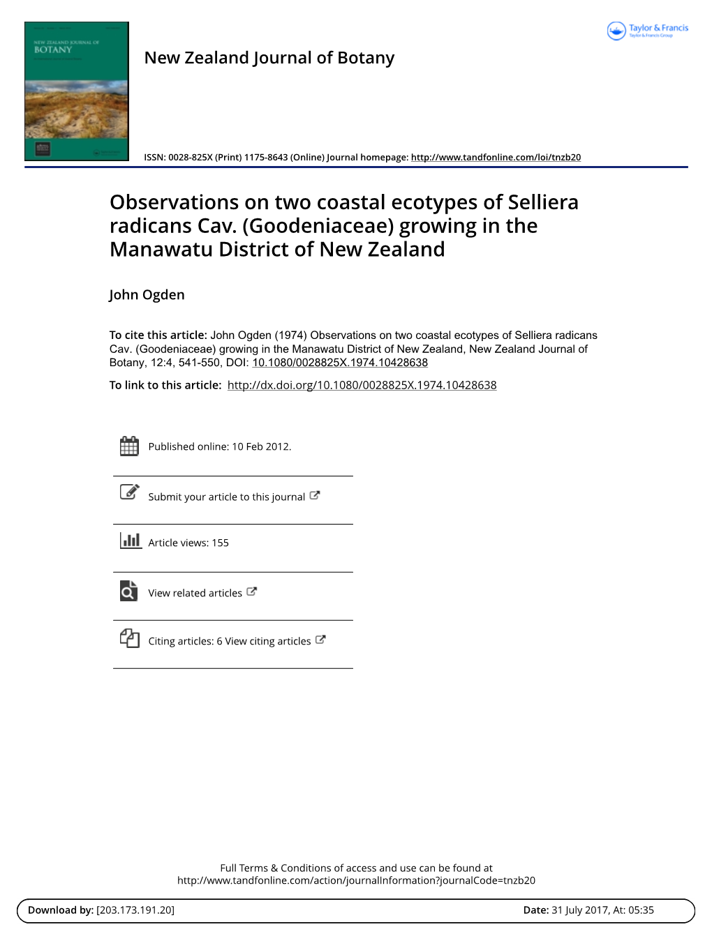 Observations on Two Coastal Ecotypes of Selliera Radicans Cav. (Goodeniaceae) Growing in the Manawatu District of New Zealand