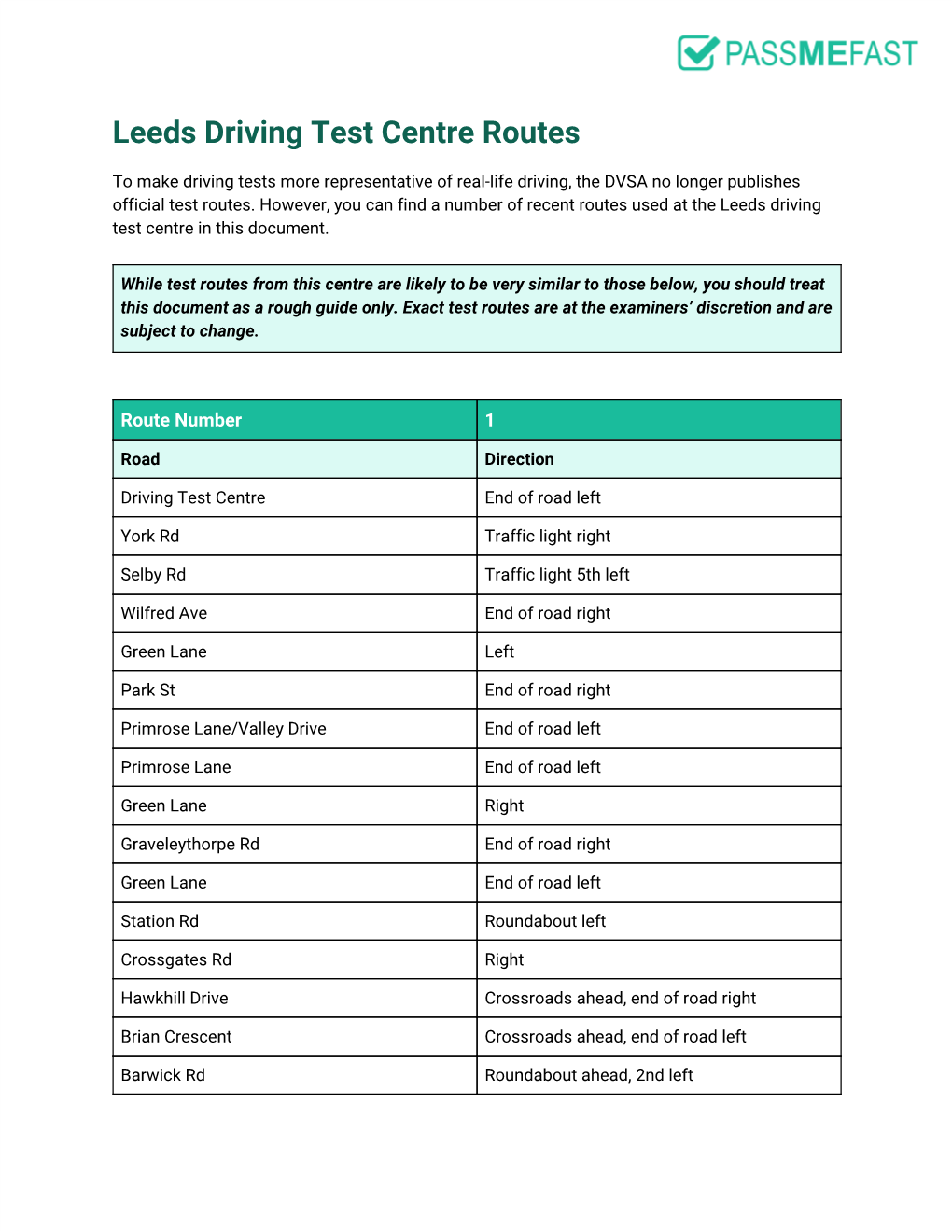 Leeds Driving Test Centre Routes