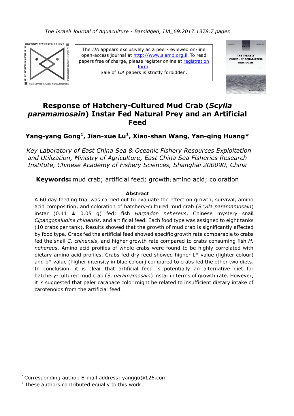 Response of Hatchery-Cultured Mud Crab (Scylla Paramamosain) Instar Fed Natural Prey and an Artificial Feed