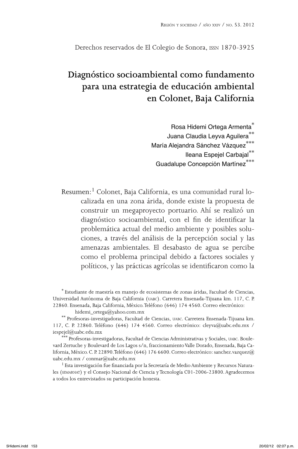 Diagnóstico Socioambiental Como Fundamento Para Una Estrategia De Educación Ambiental En Colonet, Baja California