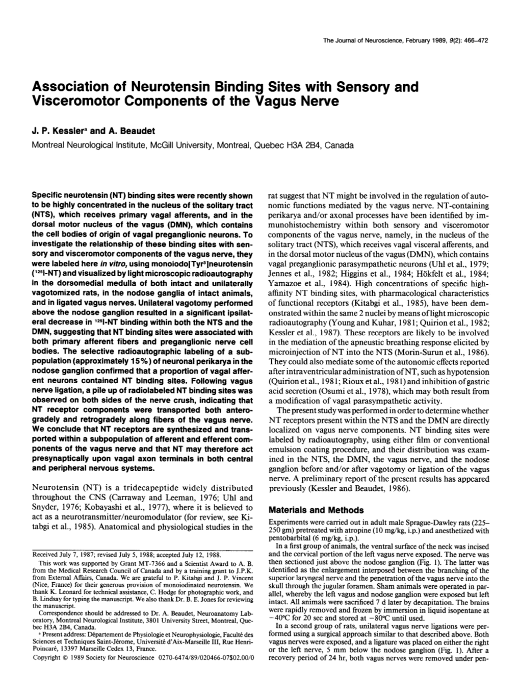 Association of Neurotensin Binding Sites with Sensory Visceromotor