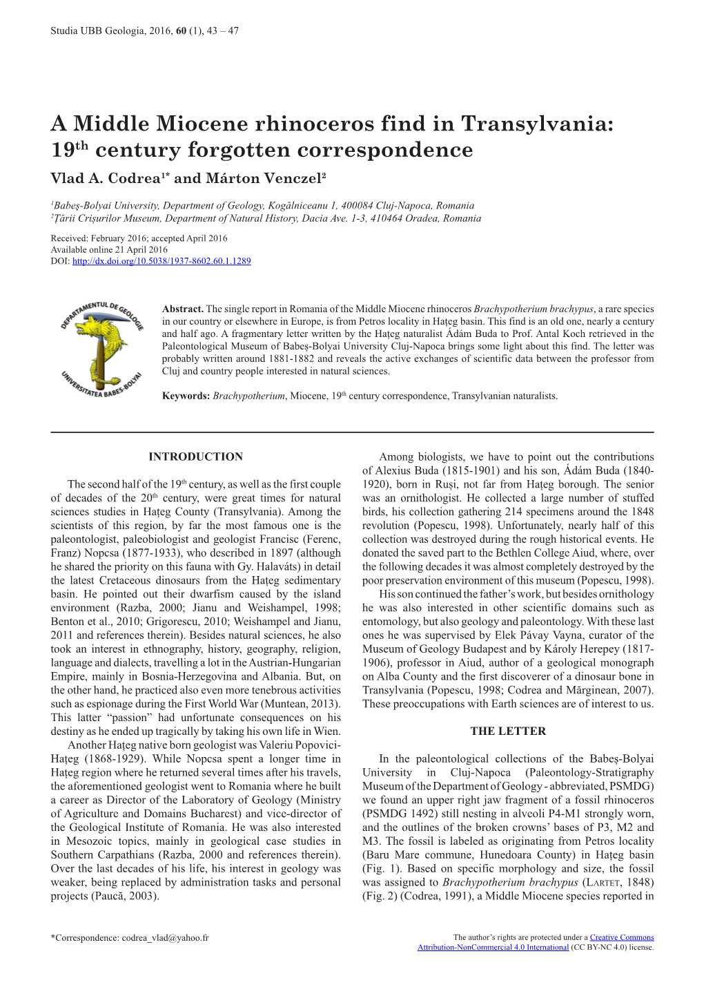 A Middle Miocene Rhinoceros Find in Transylvania: 19Th Century Forgotten Correspondence Vlad A