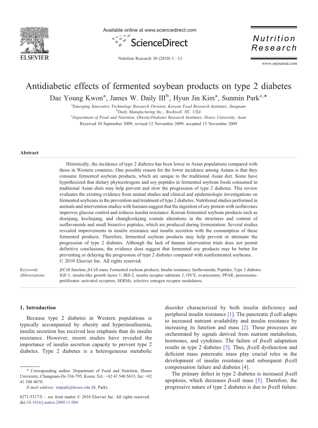 Antidiabetic Effects of Fermented Soybean Products on Type 2 Diabetes ⁎ Dae Young Kwona, James W