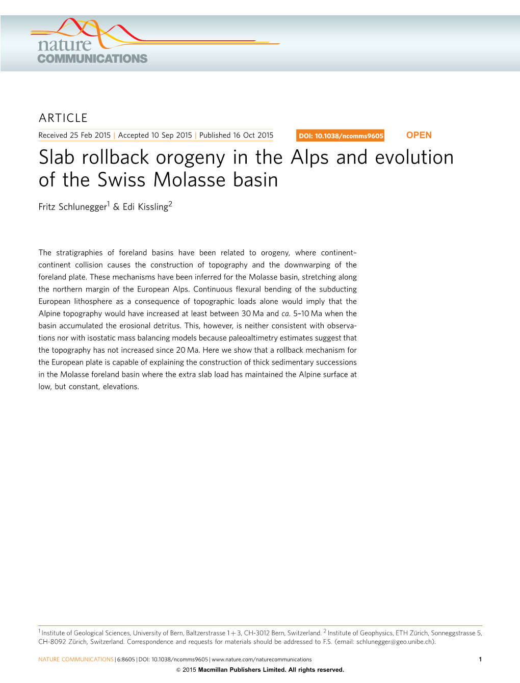 Slab Rollback Orogeny in the Alps and Evolution of the Swiss Molasse Basin