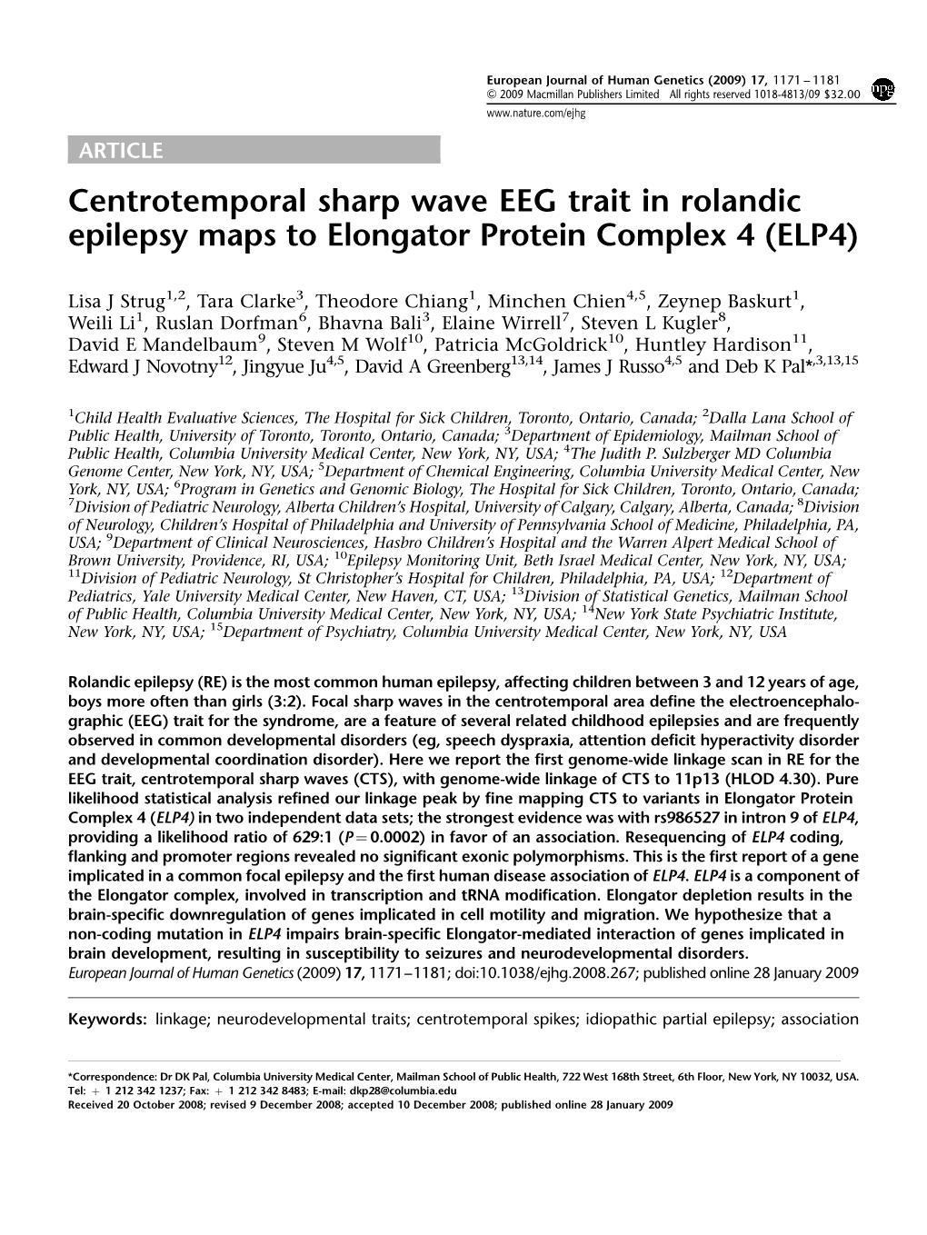 Centrotemporal Sharp Wave EEG Trait in Rolandic Epilepsy Maps to Elongator Protein Complex 4 (ELP4)