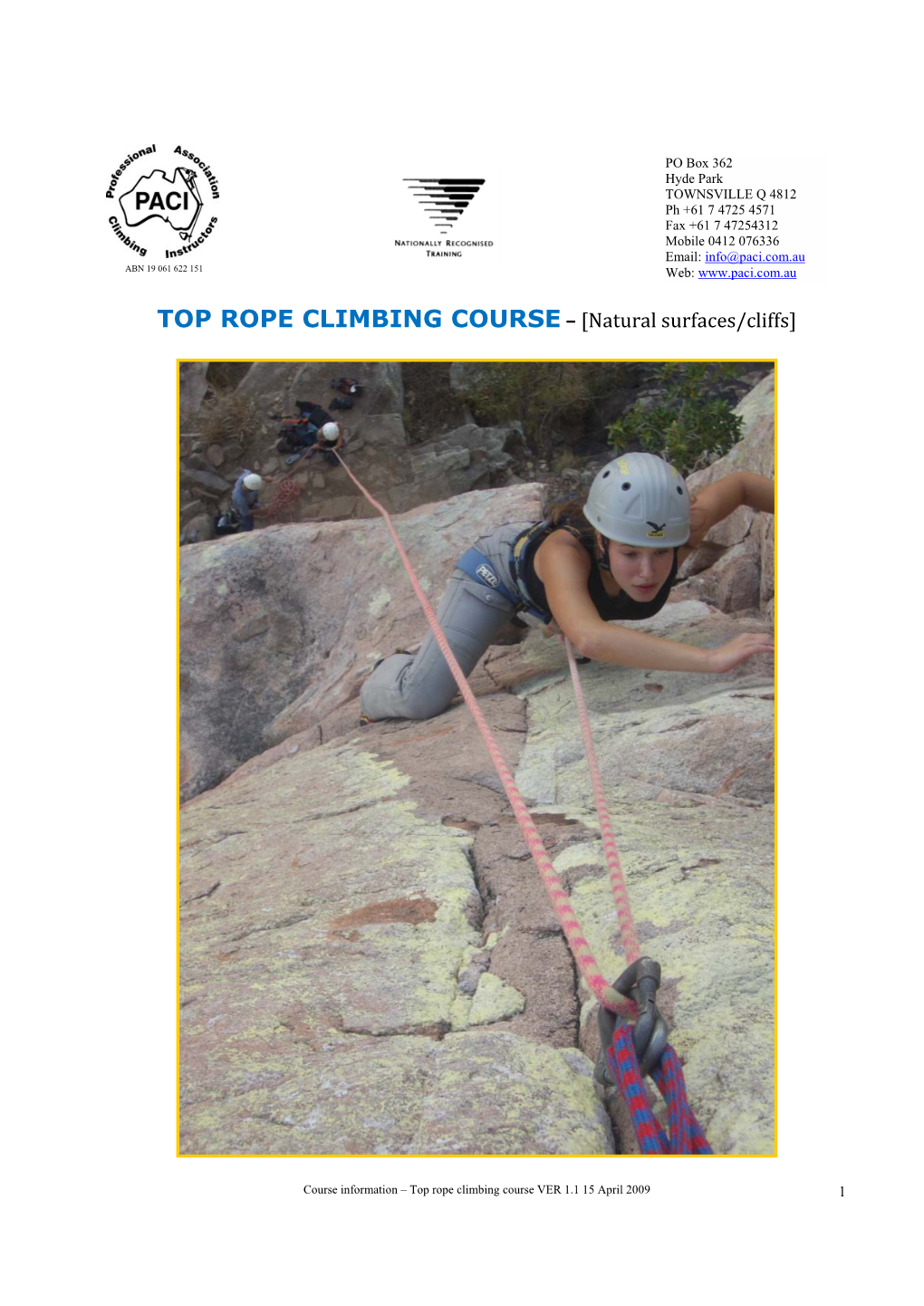 TOP ROPE CLIMBING COURSE – [Natural Surfaces/Cliffs]