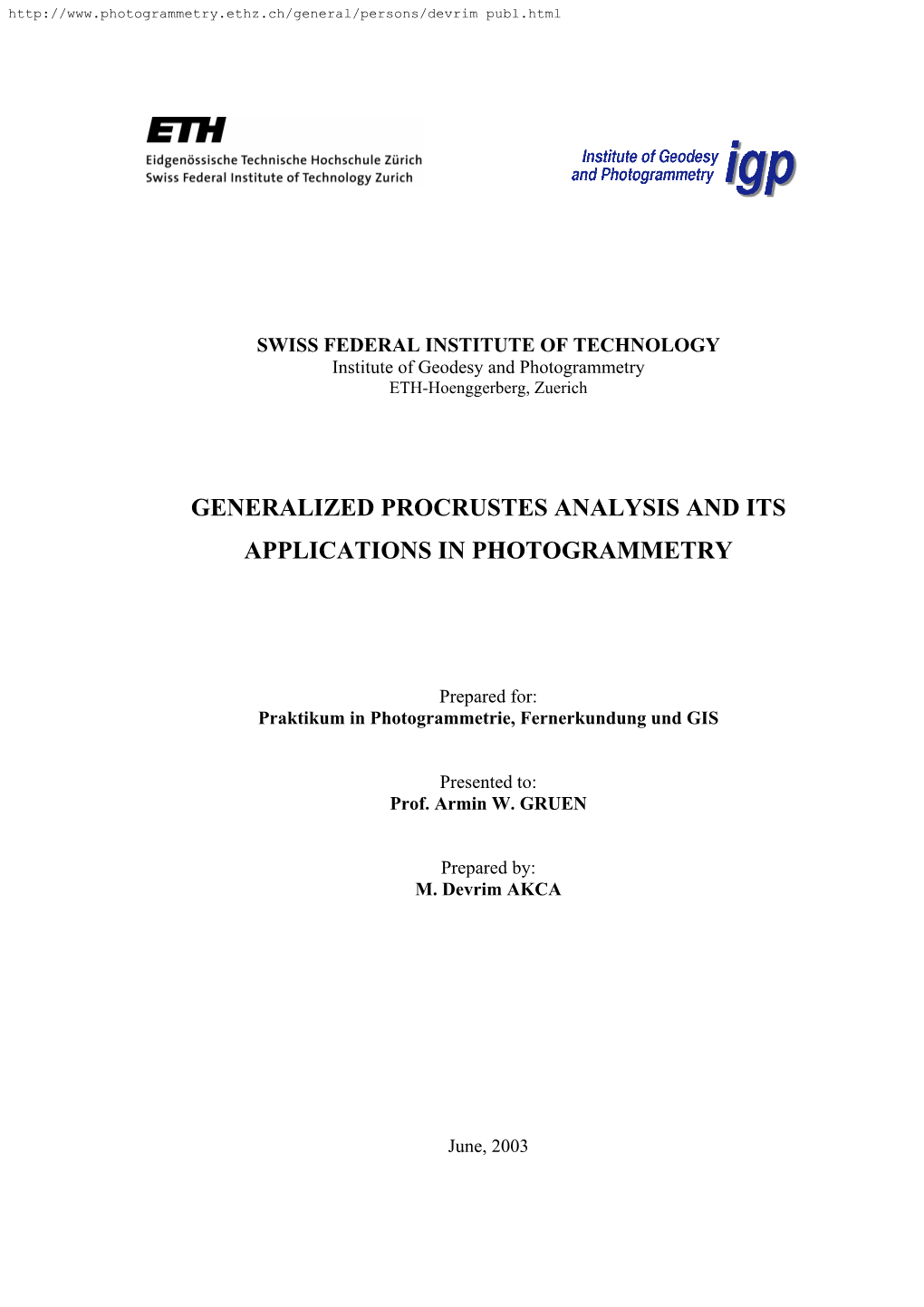 Generalized Procrustes Analysis and Its Applications in Photogrammetry