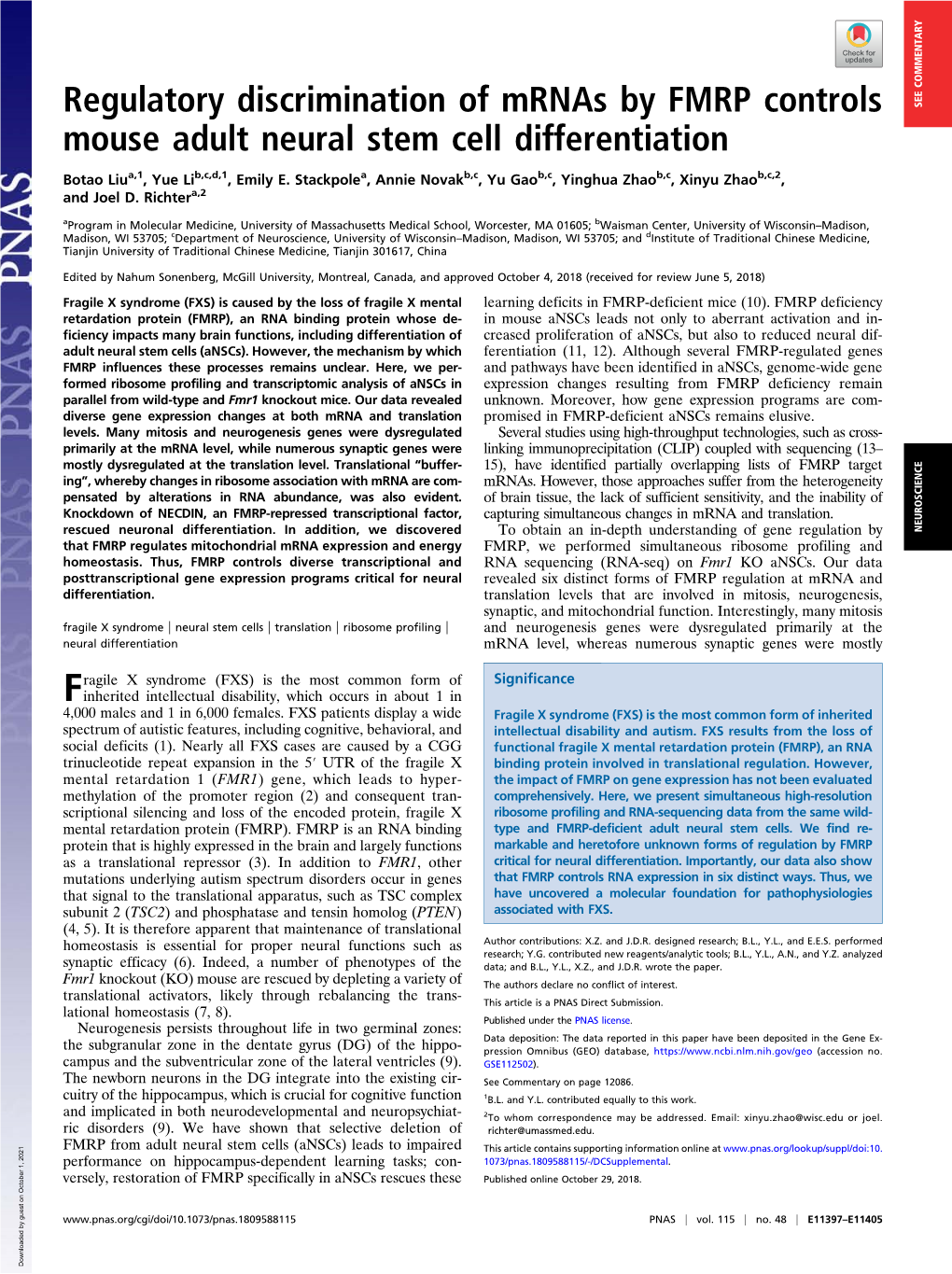 Regulatory Discrimination of Mrnas by FMRP Controls Mouse Adult