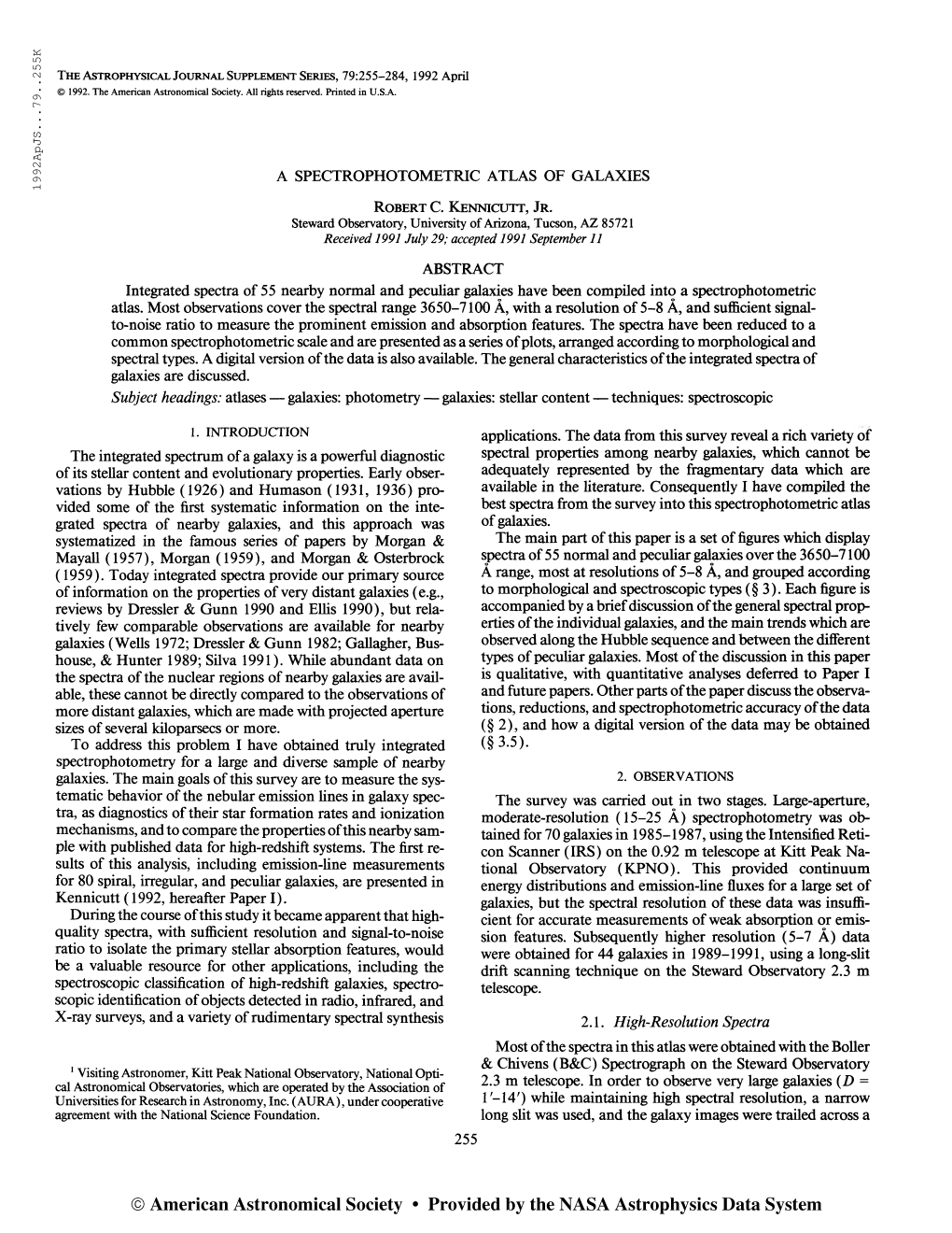 19 92Apjs. . .79. .255K the Astrophysical Journal