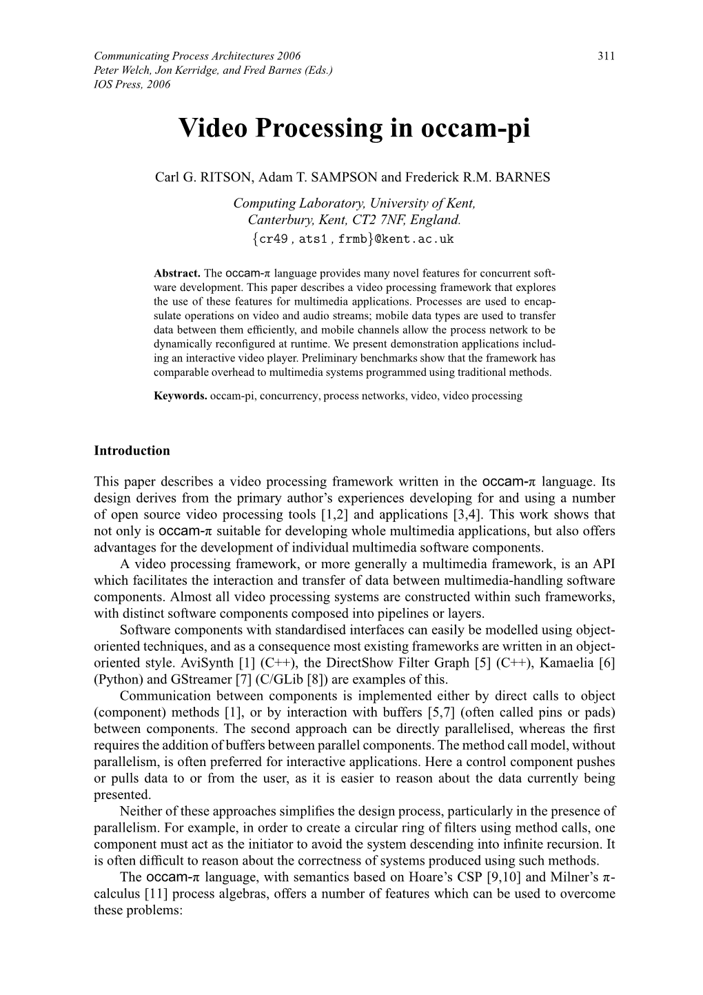 Video Processing in Occam-Pi