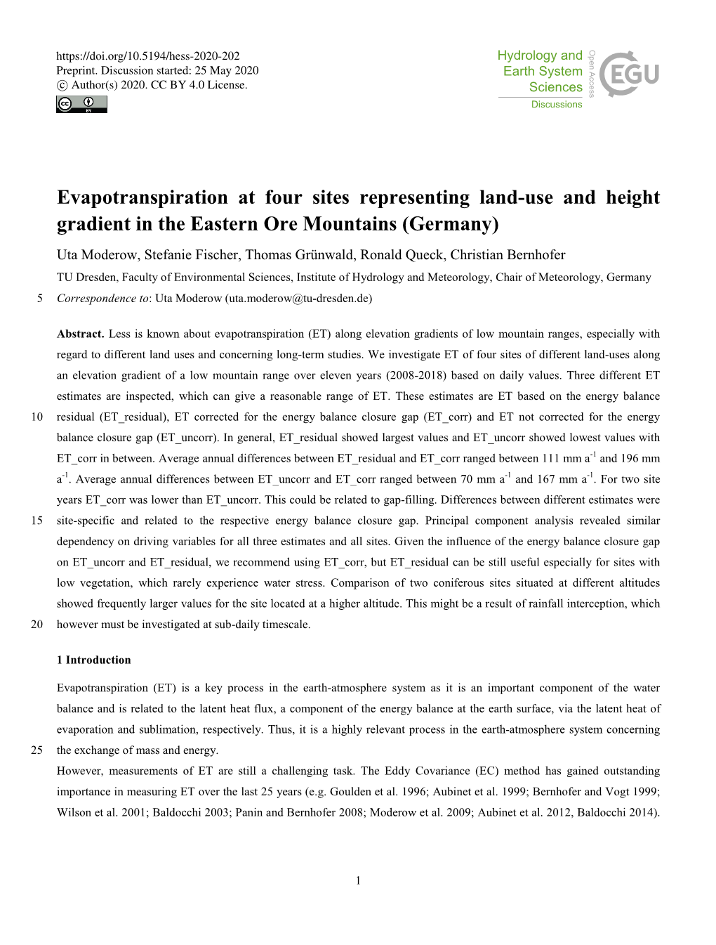 Evapotranspiration at Four Sites Representing Land-Use and Height Gradient in the Eastern Ore Mountains (Germany)