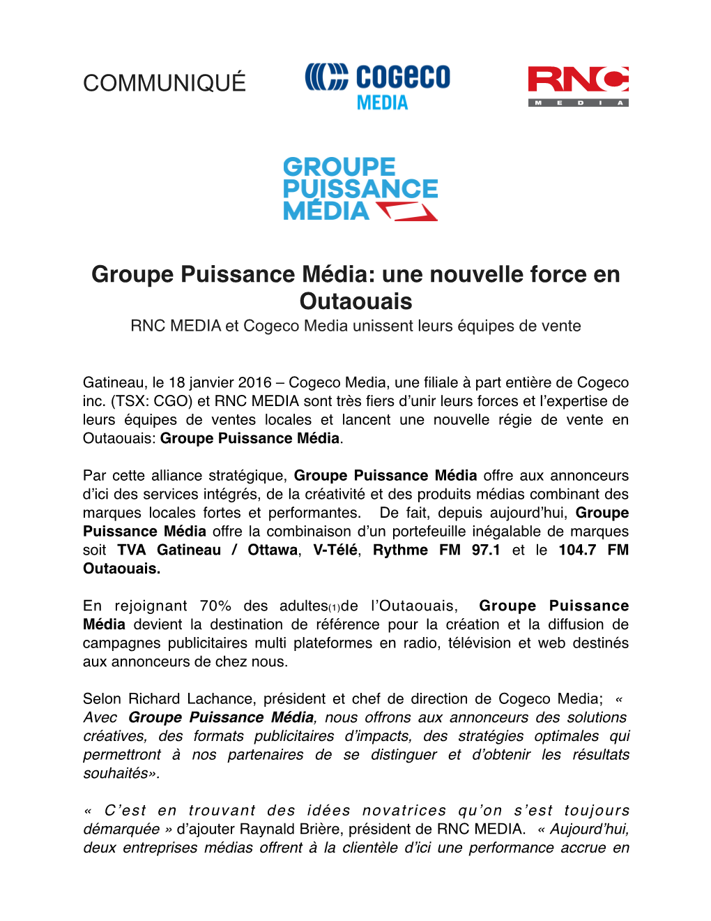 Communiqué Groupe Puissance Média