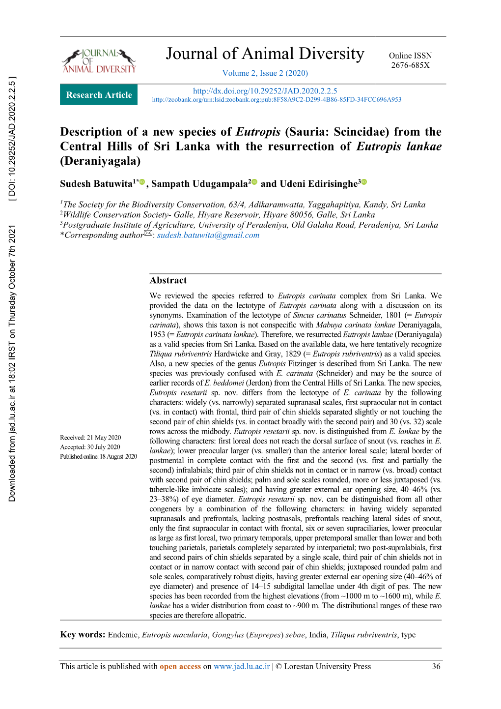 Description of a New Species of Eutropis (Sauria: Scincidae) from the Central Hills of Sri Lanka with the Resurrection of Eutropis Lankae (Deraniyagala)