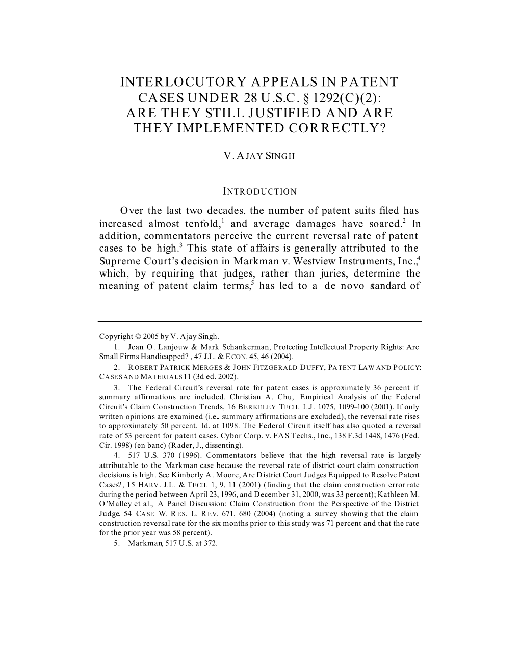 Interlocutory Appeals in Patent Cases Under 28 U.S.C