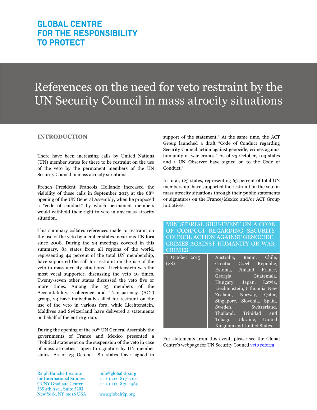 References on the Need for Veto Restraint by the UN Security Council in Mass Atrocity Situations