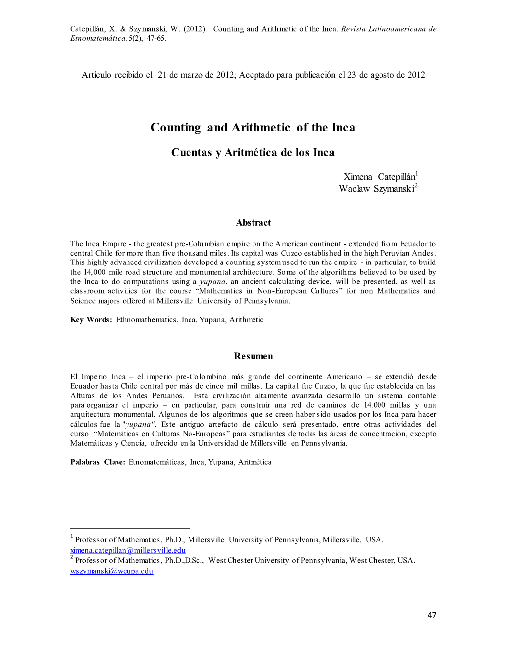 Counting and Arithmetic of the Inca