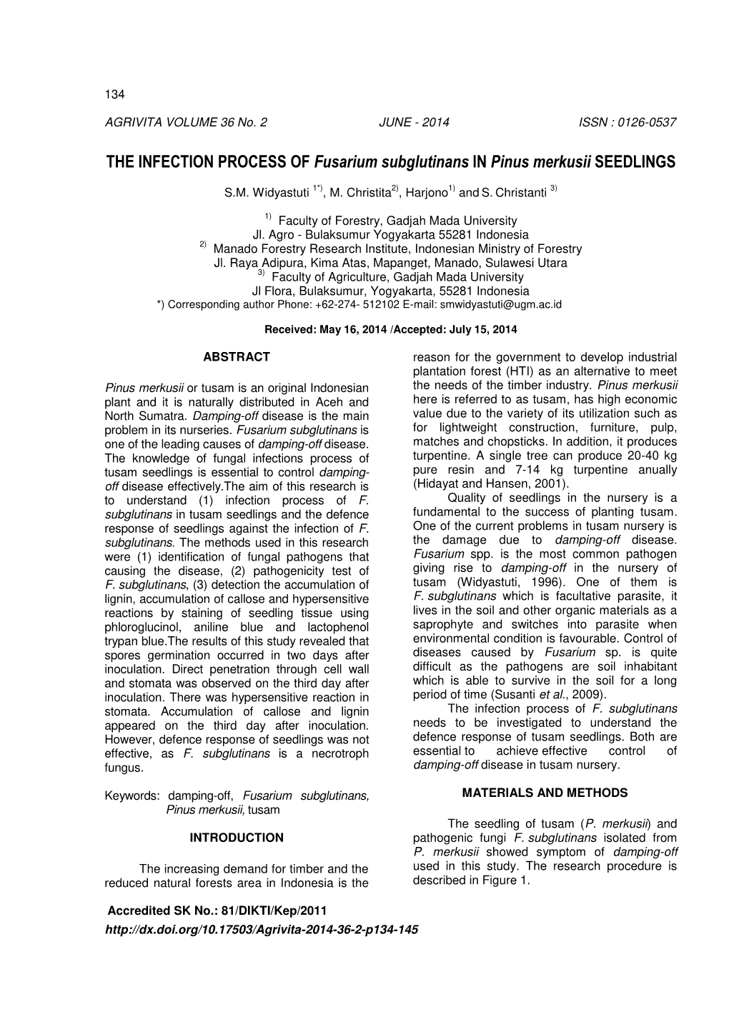 THE INFECTION PROCESS of Fusarium Subglutinans in Pinus Merkusii SEEDLINGS