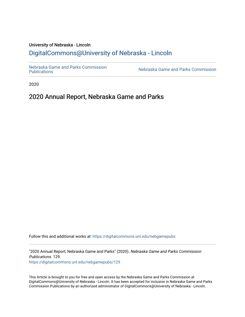 2020 Annual Report, Nebraska Game and Parks