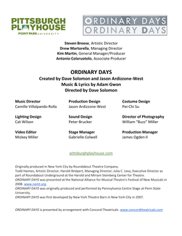 ORDINARY DAYS Created by Dave Solomon and Jason Ardizzone-West Music & Lyrics by Adam Gwon Directed by Dave Solomon