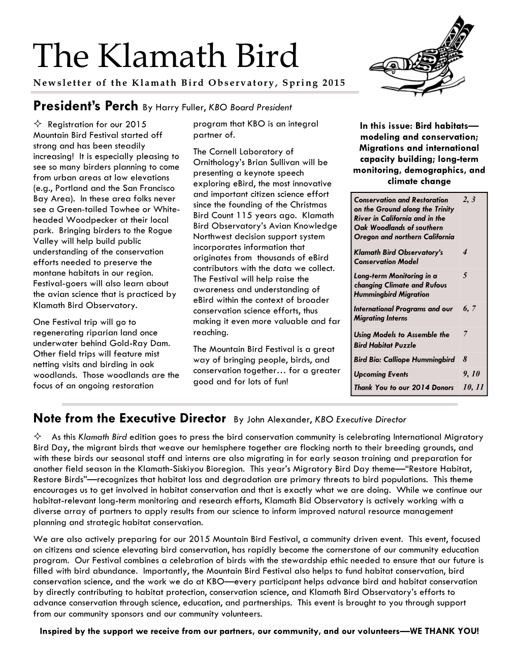 The Klamath Bird Newsletter of the Klamath Bird Observatory, Spring 2015