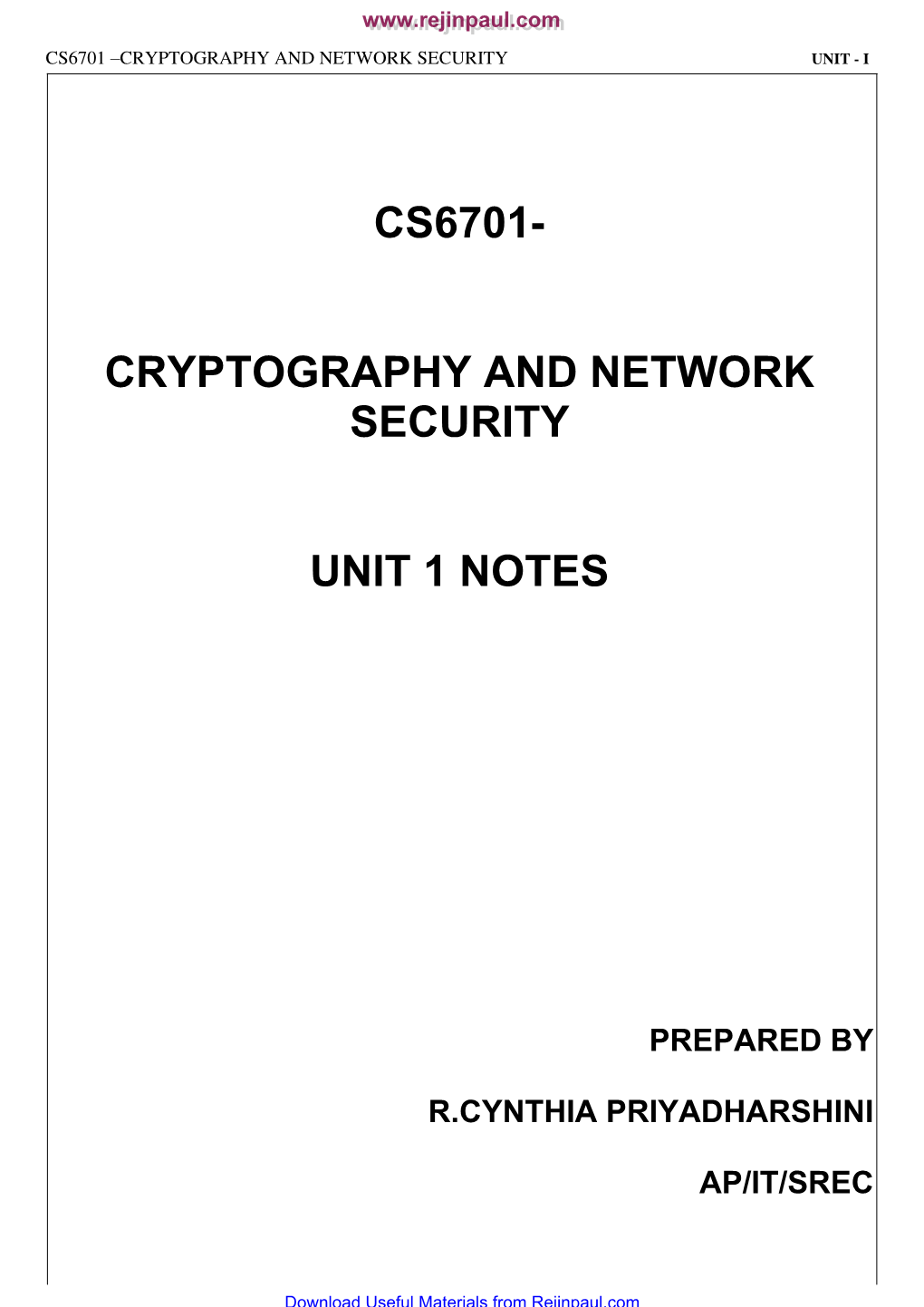 Cs6701- Cryptography and Network Security Unit 1 Notes