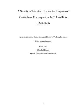 Jews in the Kingdom of Castile from Re-Conquest to the Toledo Riots