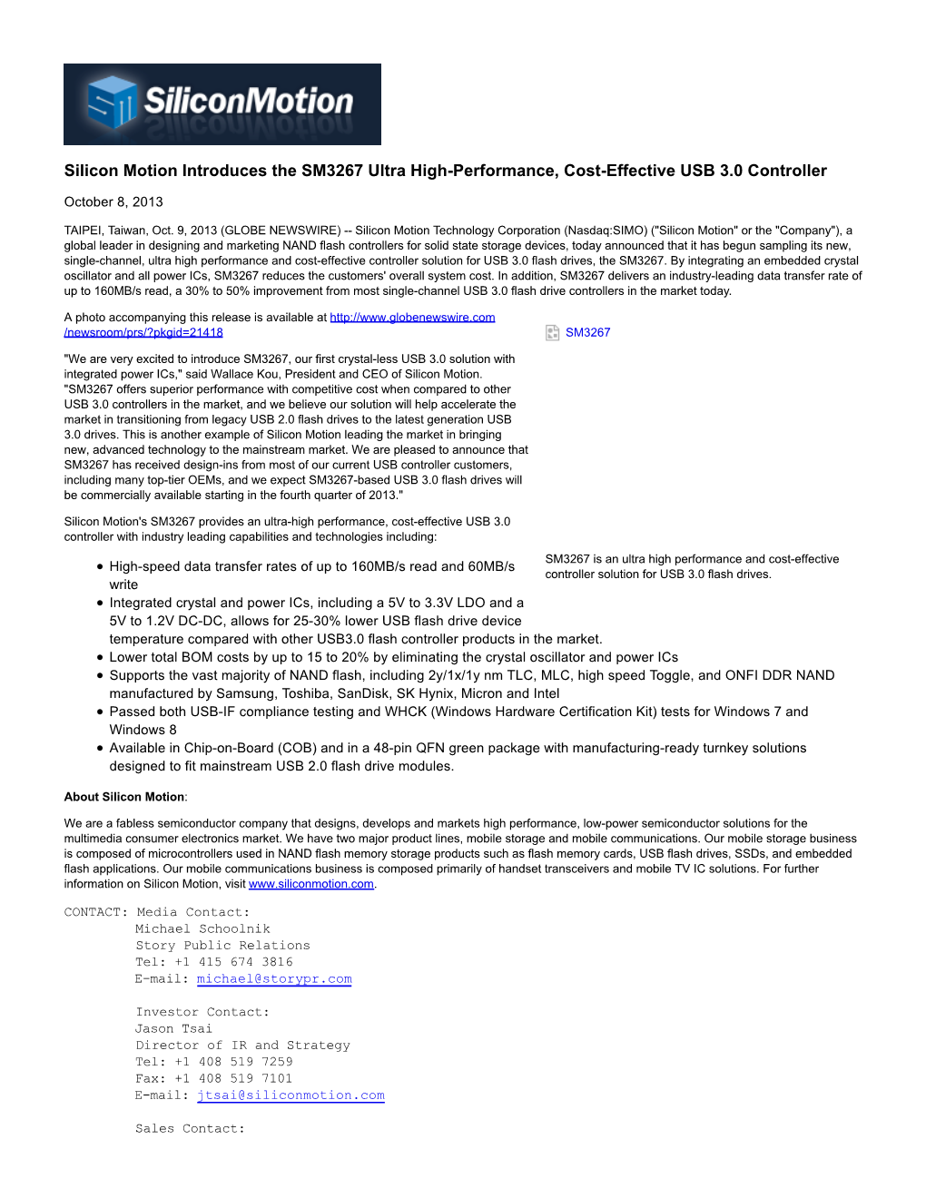 Silicon Motion Introduces the SM3267 Ultra High-Performance, Cost-Effective USB 3.0 Controller