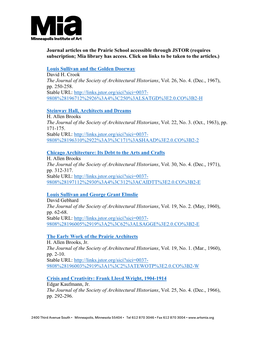 Journal Articles on the Prairie School Accessible Through JSTOR (Requires Subscription; Mia Library Has Access