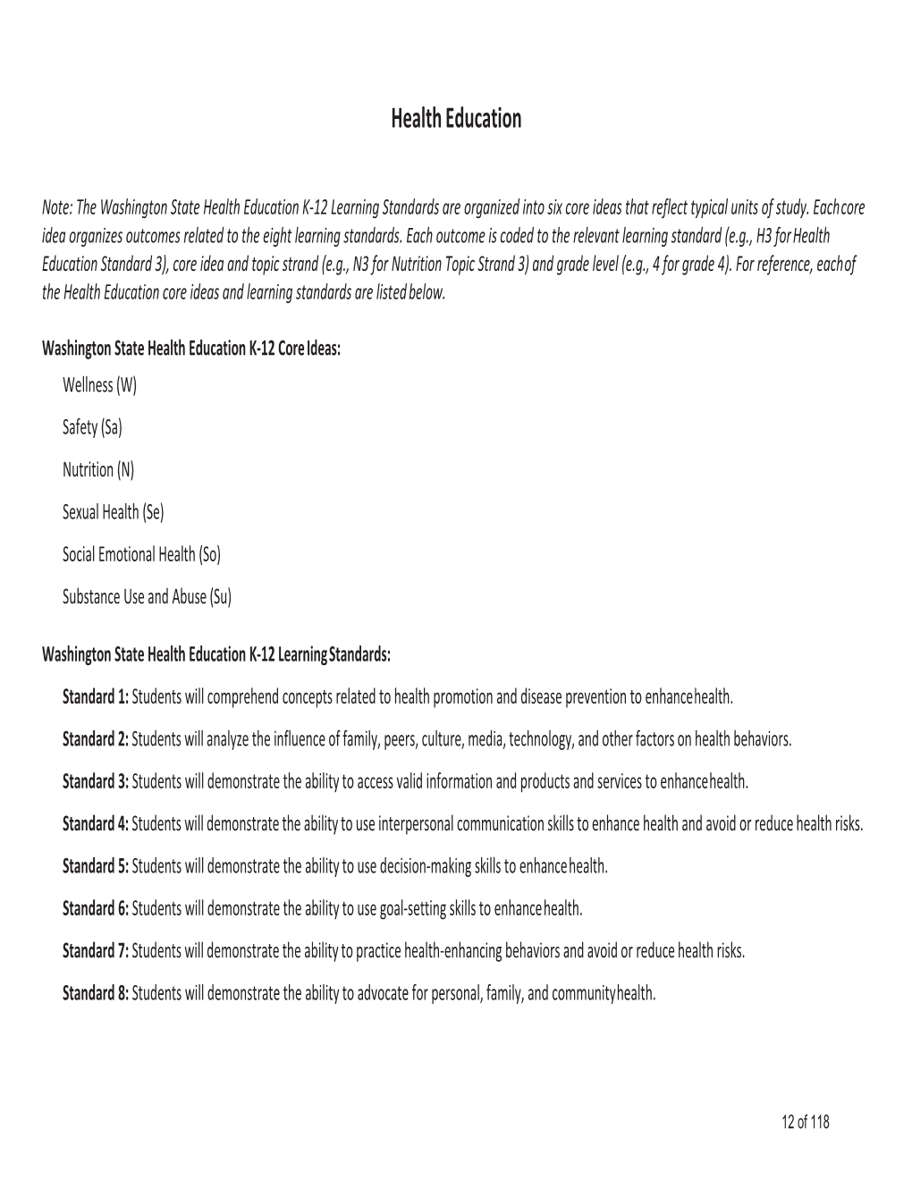 Washington State Health Education K-12 Learning Standards Are Organized Into Six Core Ideas That Reflect Typical Units of Study