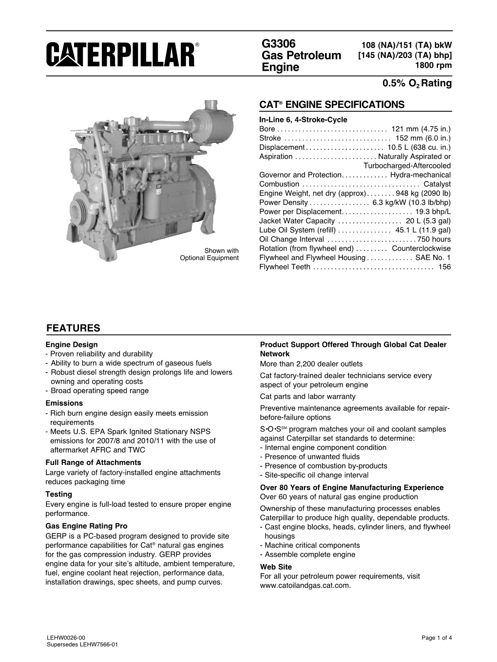 G3306 GAS PETROLEUM ENGINE 108 (NA)/151 (TA) Bkw [145 (NA)/203 (TA) Bhp]