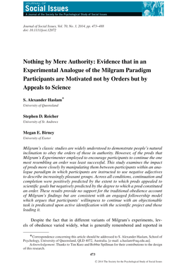 Nothing by Mere Authority: Evidence That in an Experimental Analogue of the Milgram Paradigm Participants Are Motivated Not by Orders but by Appeals to Science