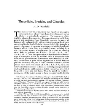 Thucydides, Brasidas, and Clearidas Westlake, H D Greek, Roman and Byzantine Studies; Winter 1980; 21, 4; Periodicals Archive Online Pg