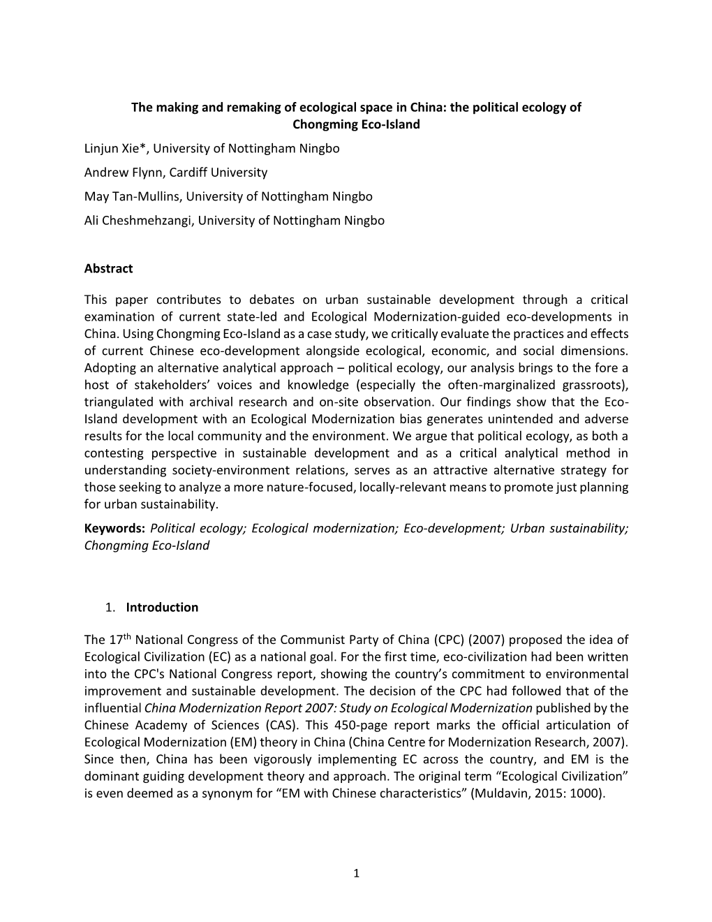 The Political Ecology of Chongming Eco-Island