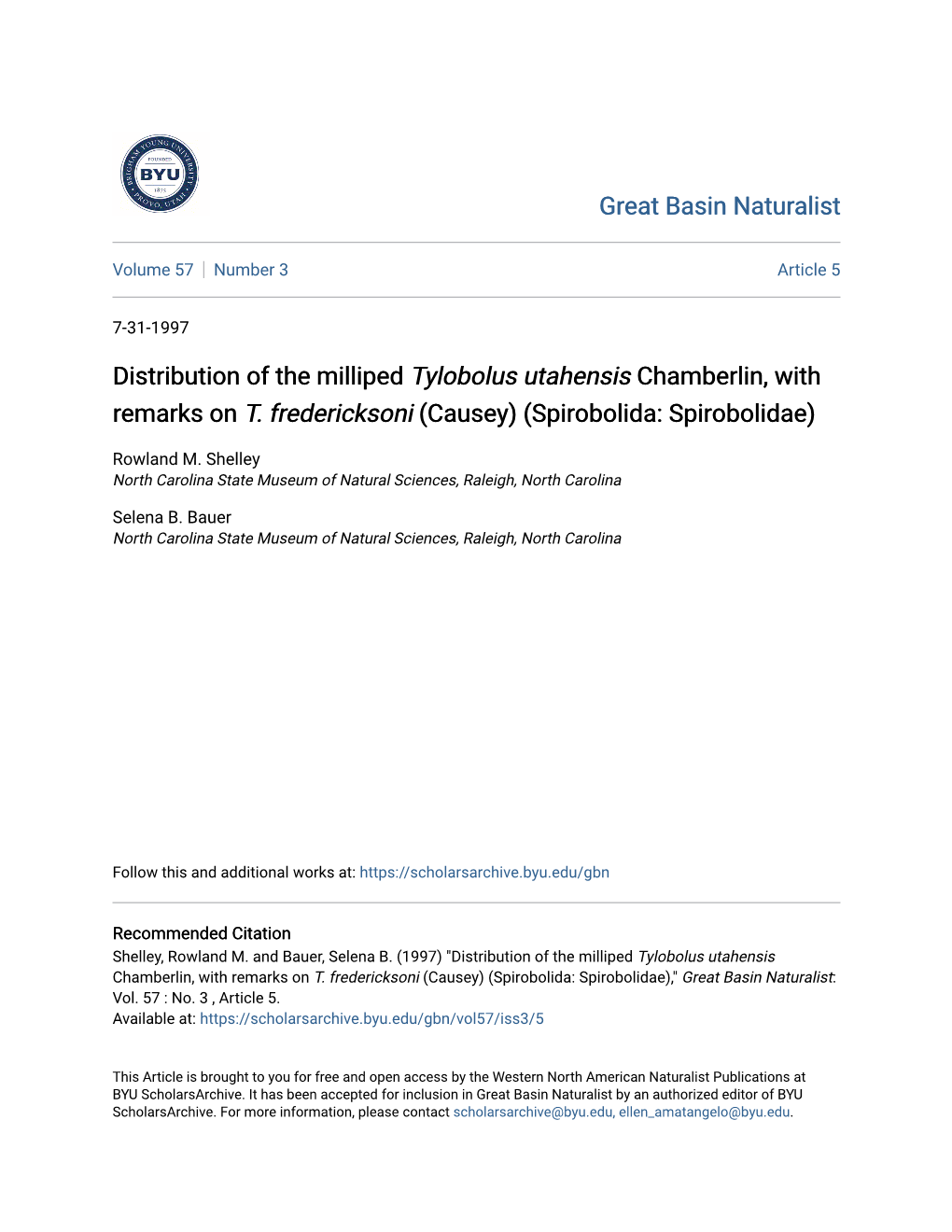Distribution of the Milliped Tylobolus Utahensis Chamberlin, with Remarks on T