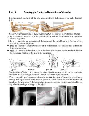 Lec: 4 Monteggia Fracture-Dislocation of the Ulna