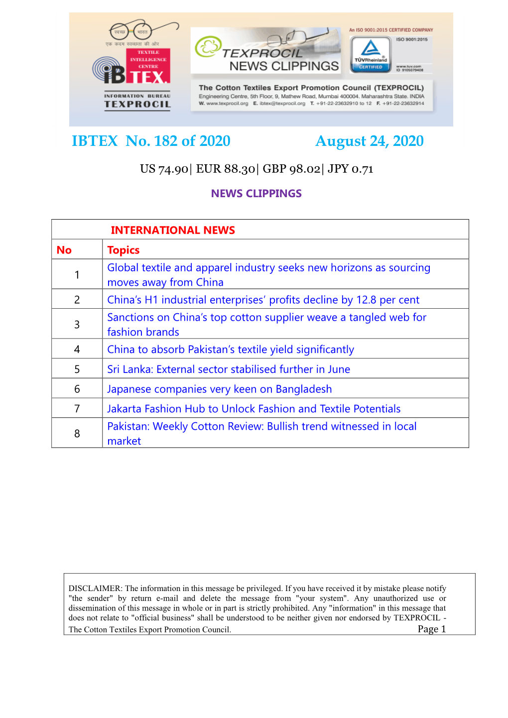 IBTEX No. 182 of 2020 August 24, 2020