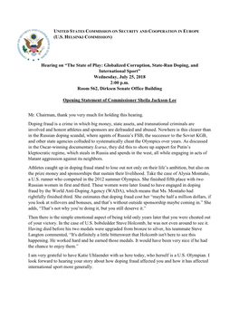 Hearing on “The State of Play: Globalized Corruption, State-Run Doping, and International Sport” Wednesday, July 25, 2018 2:00 P.M