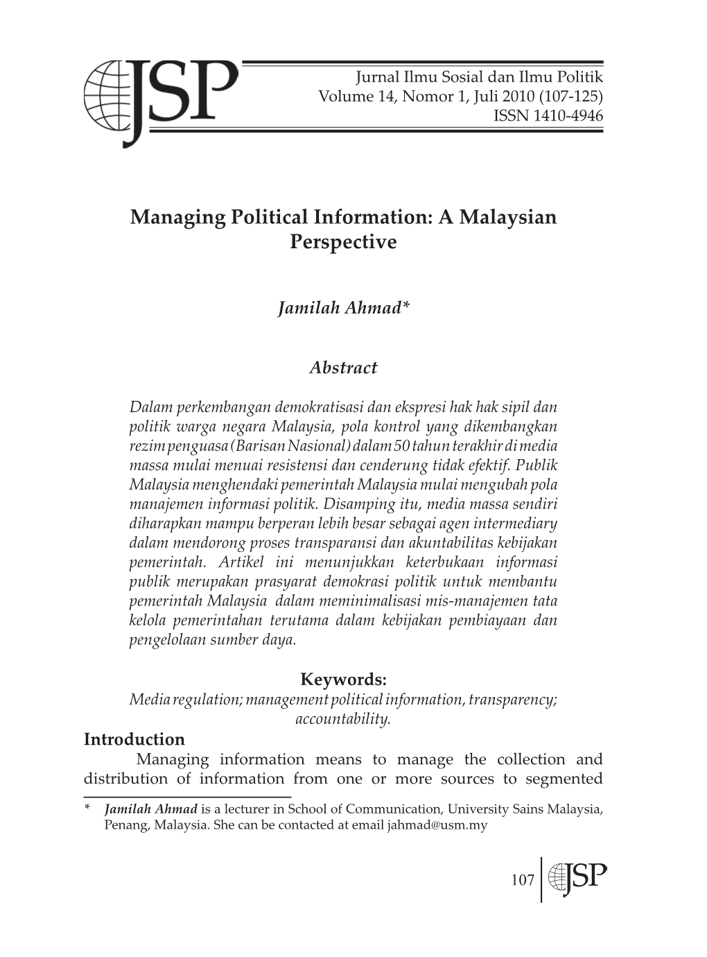 A Malaysian Perspective Volume 14, Nomor 1, Juli 2010 (107-125) ISSN 1410-4946
