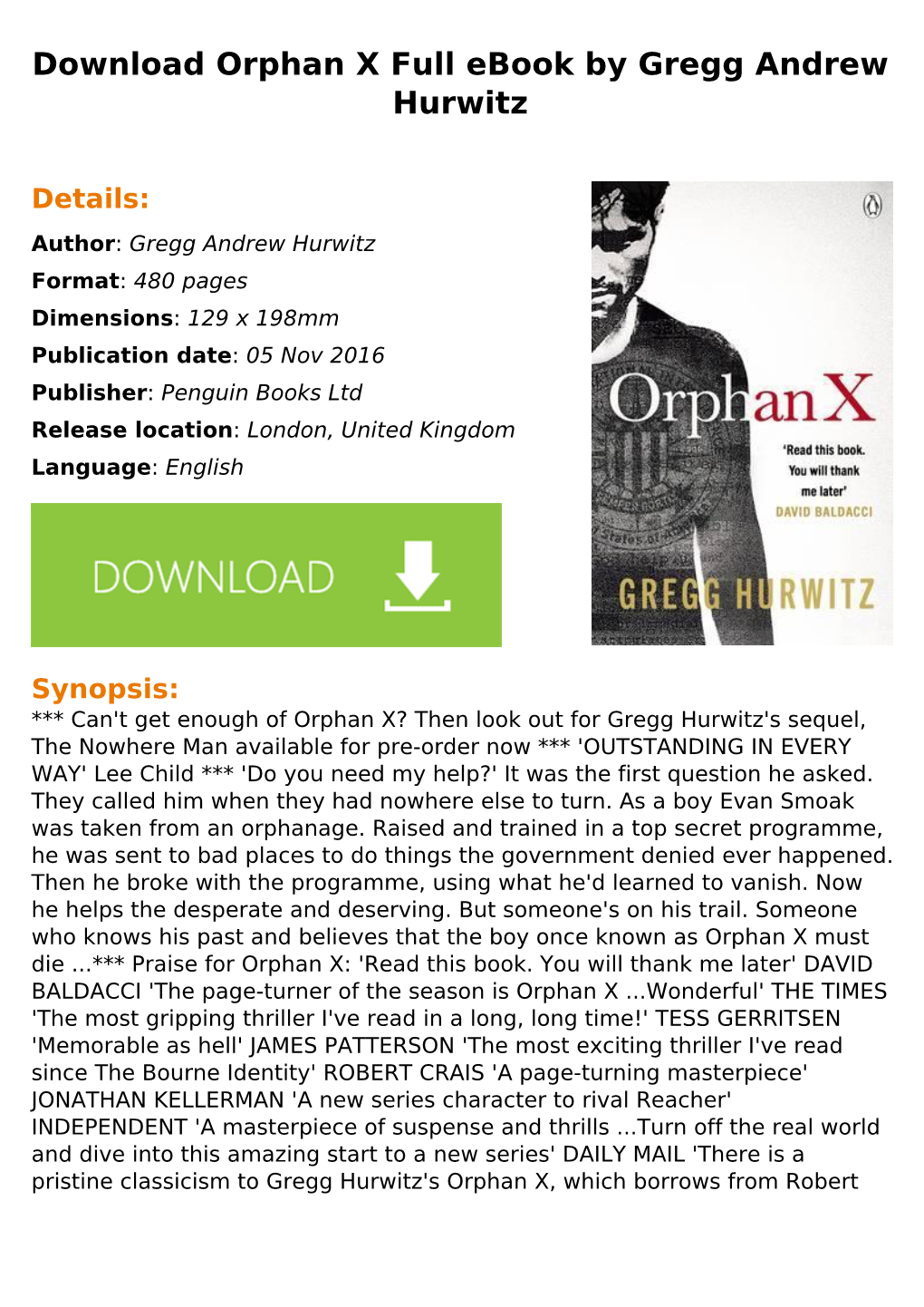 Download Orphan X Full Ebook by Gregg Andrew Hurwitz