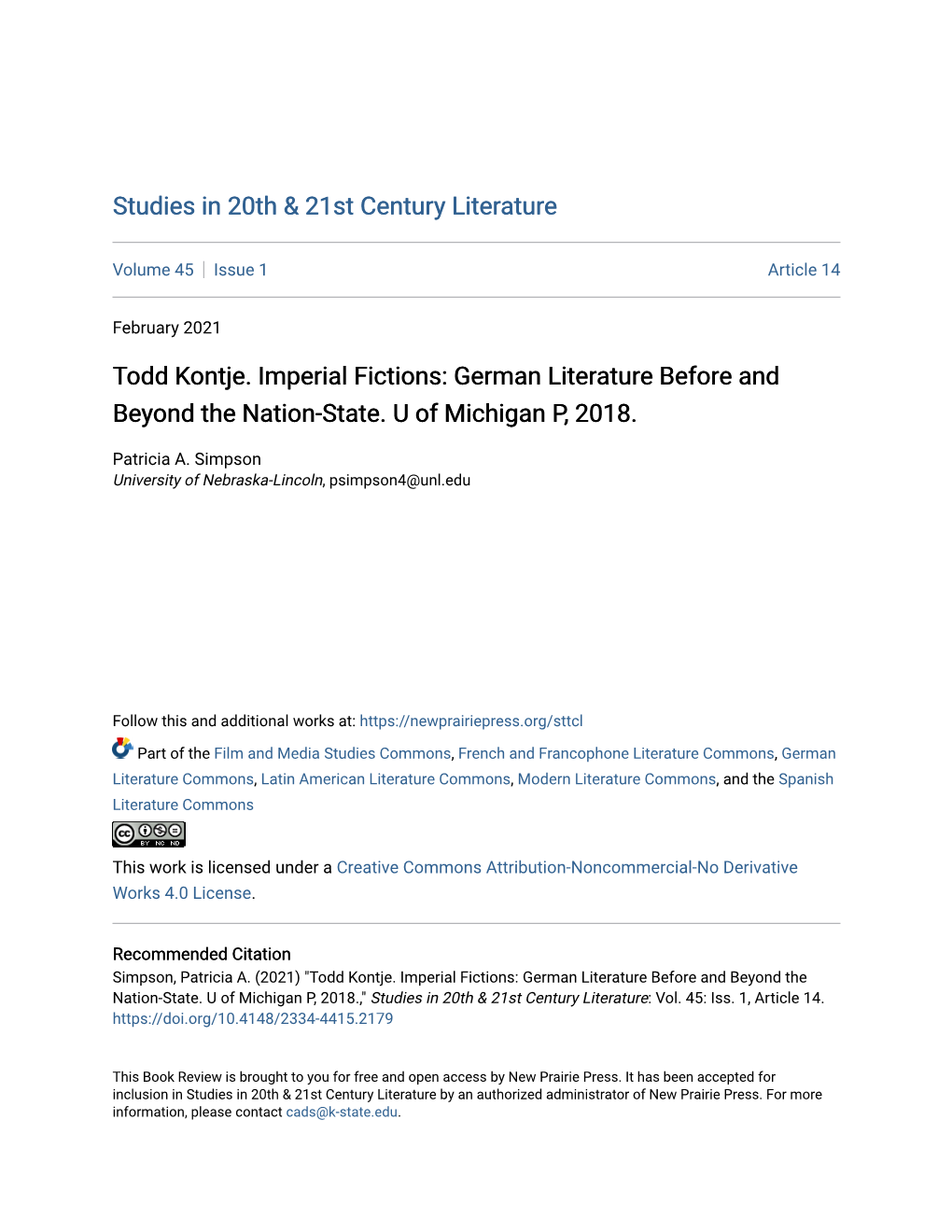 Todd Kontje. Imperial Fictions: German Literature Before and Beyond the Nation-State