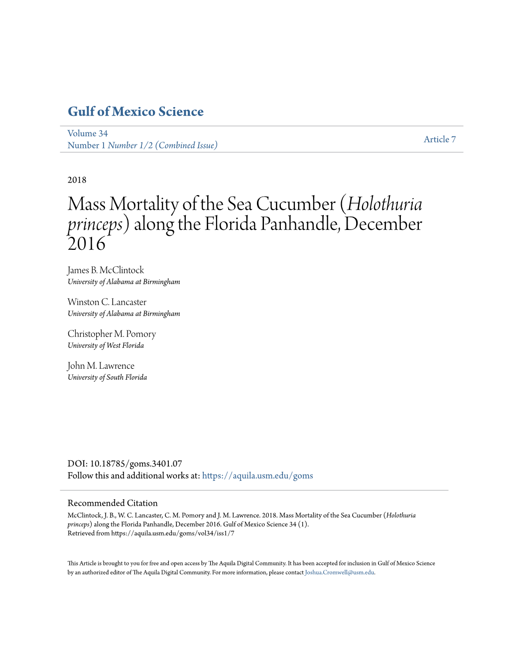 Mass Mortality of the Sea Cucumber (Holothuria Princeps) Along the Florida Panhandle, December 2016 James B