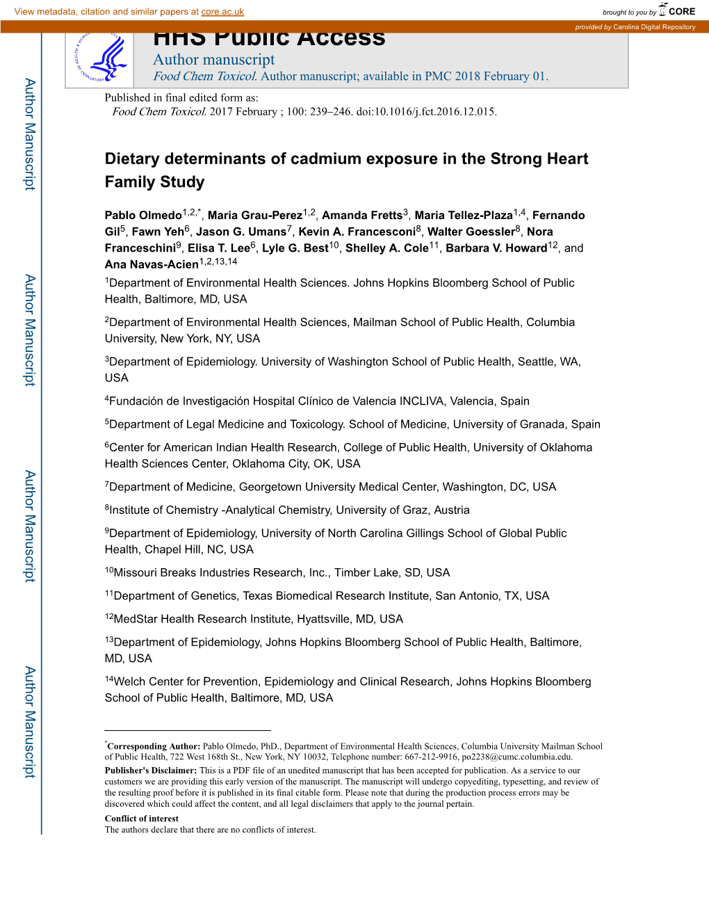 Dietary Determinants of Cadmium Exposure in the Strong Heart Family Study