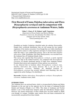 First Record of Fauna Palythoa Tuberculosa and Flora Dictyosphaeria Versluysii and Its Comparison with Dictyosphaeria Cavernosa at Andaman Waters, India